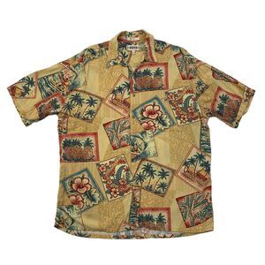 Campia Moda Hawaiian Shirt Men L Large Palm Coconut Pineapple Postcard Button Up